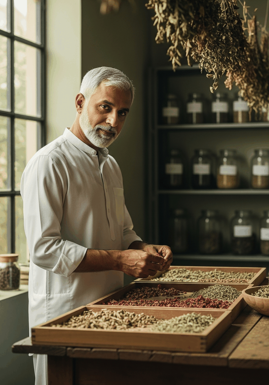 The founder of Laraib Herbal Pharma inspecting a freshly distilled arq in Multan