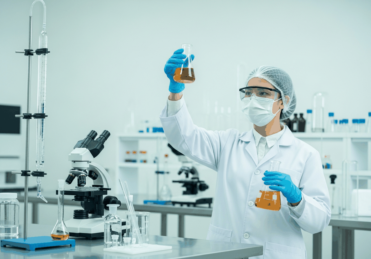 Technician running a pH and specific-gravity check in the in-house Laraib laboratory