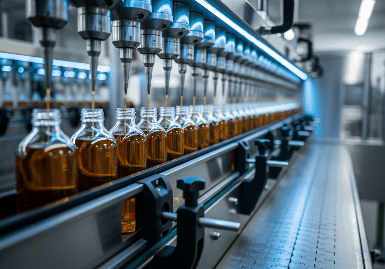 Bottles moving along the filling and sealing line at the Laraib Herbal Pharma plant in Multan