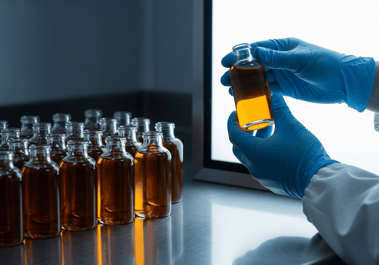 Retained sample bottles labelled with batch numbers on a shelf at Laraib Herbal Pharma